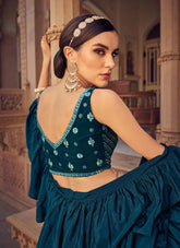 Blue Chinnon Party Wear Thread Work Lehenga